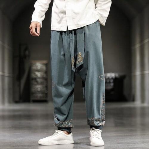 Men Jogging Sweatpants Streetwear 2021 Mens Oversize Wied Leg Pants Harajuku Cotton Linen Casual Trousers Male Embroidery New