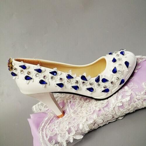 9CM high heels royal blue crystal rhinestones bridal wedding party pumps shoes women luxury hadmade lace dinner shoes for woman
