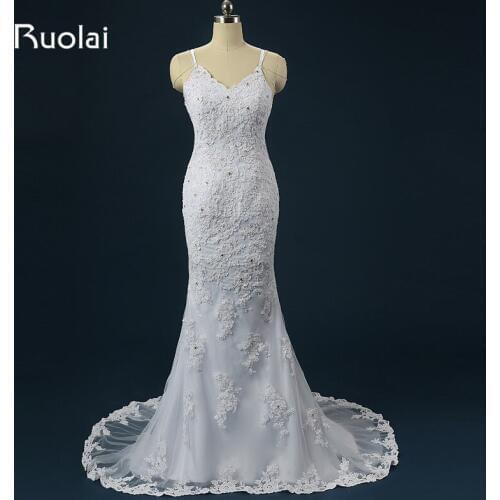 Real Wedding Gown V-Neck Straps Open Back Appliques Beaded Tulle Wedding Dress Long for Bridal Rode de Mariage Wedding ASAFN42