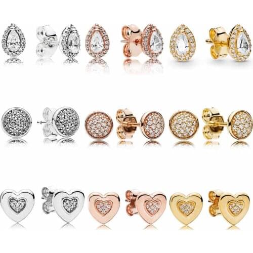 Original Sliver Rose and Gold color Shine Radiant Teardrops Stud Heart Earring For Women Wedding Gift Pandora DIY Jewelry
