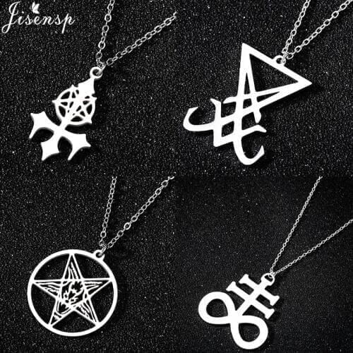 Jisensp Large Talisman Baphomet Necklaces Pendants Geometric Pantagram Stainless Steel Necklace for Men Goat PIN Jewelry Gift