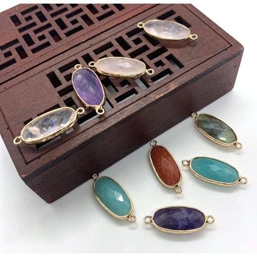 Natural Stone Double Ring Pendant Connector Color Oval Faceted Crystal Sandstone DIY Jewelry Making Necklace Accessories 11x22mm