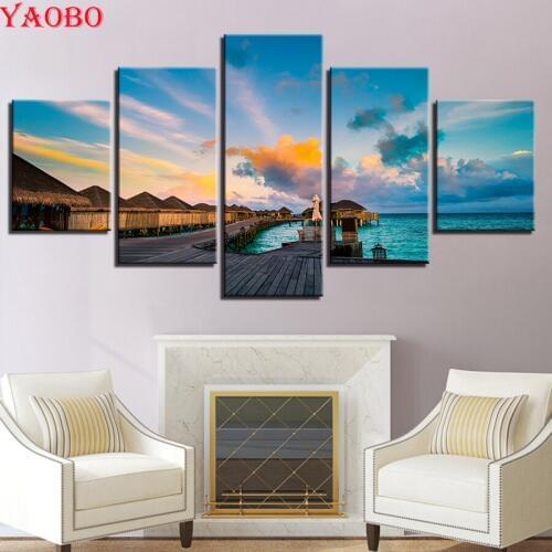 Full Square Round Drill 5D Diy Diamond Painting"5 Pieces Blue Sky Bridge House" Embroidery Cross Stitch Mosaic Holiday Seascape