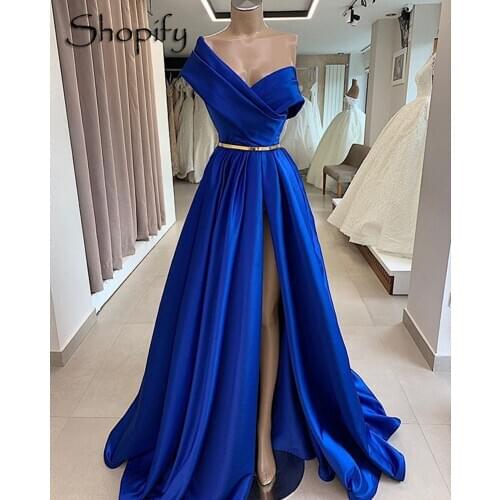 Simple Long Evening Dresses 2021 One Shoulder Sexy High Slit Royal Blue Twill Satin African Women Formal Evening Gowns