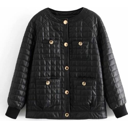 PUWD Vintage Woman Black Loose Plaid O-Neck Leather Jacket Spring-Autumn Fashion Ladies Oversized PU Outerwear Girls Cool Coats