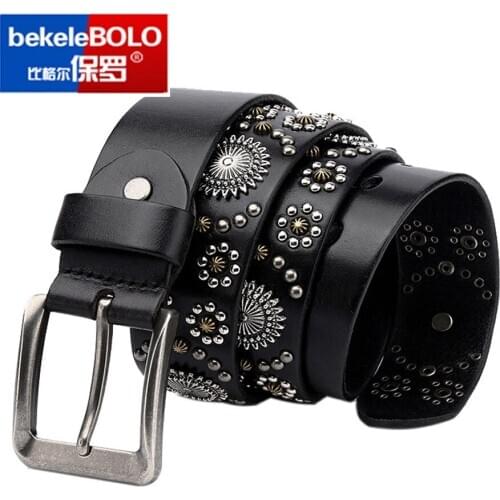 Real Cow Leather Fashion Square Belt Jeans Mens Pin Buckle Belt Genuine Leather Rivet Belts Male Punk High Quality