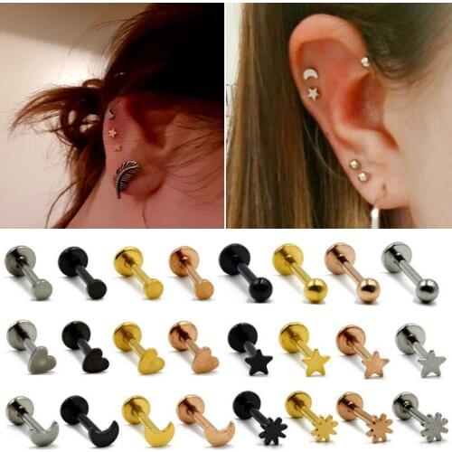 2 Pcs/lot 16G Star Helix Cartilage Earrings Stud Ear Labret Lip Piercing Star Moon Heart Tragus Earring Pircing Jewelry