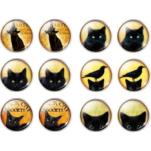 Hot Selling Silver Color Cat Earring Black Cat Eye Round Glass Art Picture Animal Stud Earrings Jewelry Handmade Gift