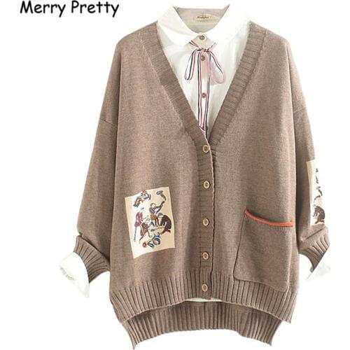 Merry Pretty Mori Girl Sweater Women Clothing Autumn Winter Full Sleeved V-neck Embroidery Vintage Female Long Sweater Cardigans
