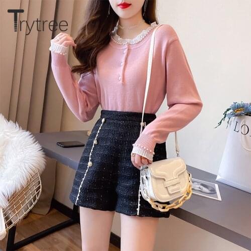 Trytree 2021 Spring Autumn Two Piece Women Set Pearls Ruffles O-neck Knitted Sweater + Wide Leg Shorts Office Lady 2 Piece Suit