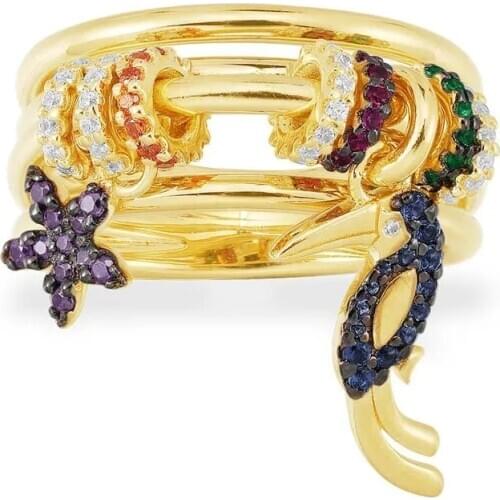 SLJELY High Quality Real 925 Sterling Silver Multicolor Tropical Jungle Floral Toucan Triple Ring with Sliding Hoops for Women