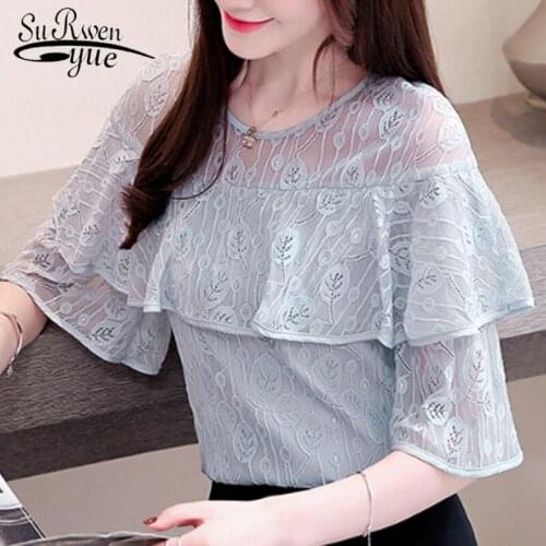 2021 Summer Elegant Comfort Women Blouse Flare Sleeve O-neck Ruffled Tops Casual Short Sleeve Lace Floral Blouse Blusas 4392 50