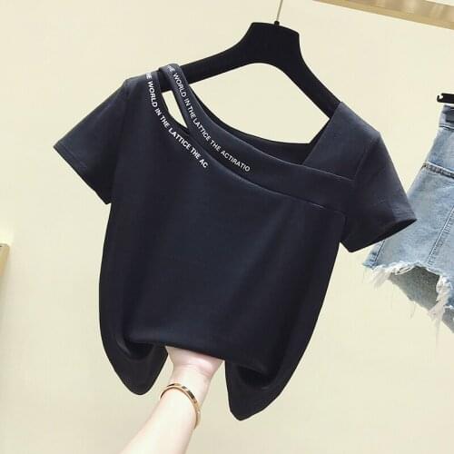 2021 summer Short Sleeves skew collar off shoulder T Shirt Top Female Tshirt Loose Women Fashion T-Shirt black woman tshirts