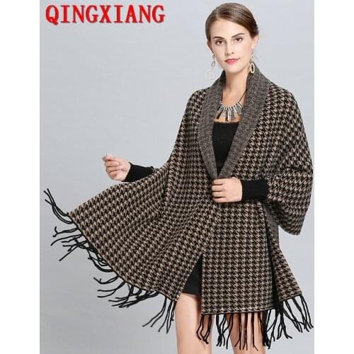 2019 Women Autumn New Designer Female Long Sleeves Cape Outside Street Wear Winter Houndstooth Knitted Cardigan Vintage Shawl