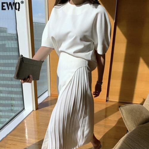 [EWQ] 2021 fashion casual all-match pure color simple and elegant white high waist side pleated skirt long skirt Women 16F1066