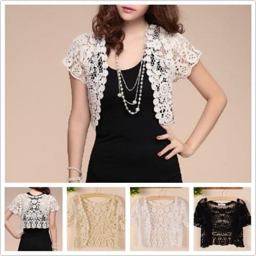 2021 Womens Bridal Shrug Bolero Flower Lace Wedding Summer Jackets Elegant Cape Wraps Shawl Short Sleeve White Black Apricot