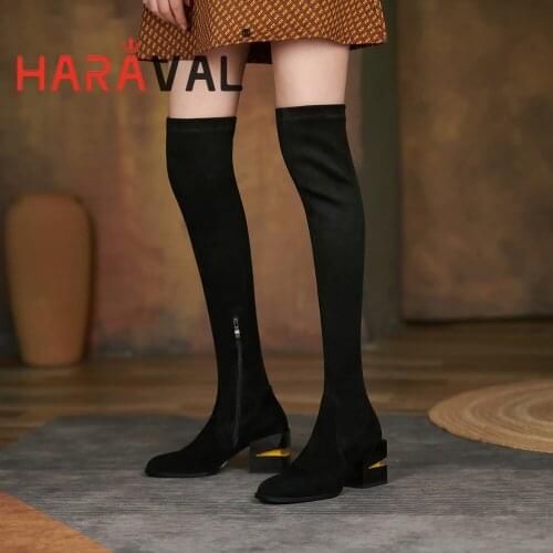 HARAVAL Women Low Heels Stretch Fabric Kid Suede Solid Elegant Fashion Sexy Kid Suede Footwear Boots Shoes Women Black E438L