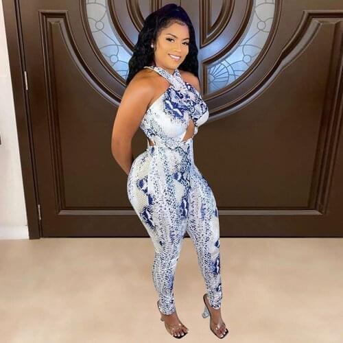 Blue Serpentine Print Rompers Womens Jumpsuit 2021 Criss Cross Halter Backless Party Overall Vintage Hollow Out Slim Catsuits