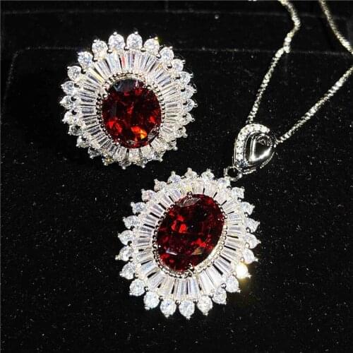 Vintage Silver Color Bridal Wedding Sets Female Luxury Red Crystal Pendant Necklace Ring Sets For Women Oval Zircon Jewelry Set
