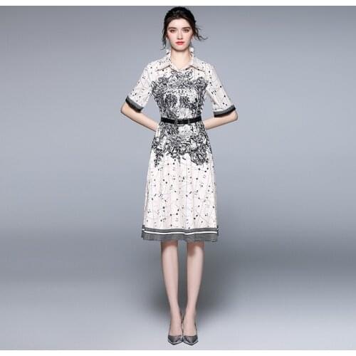 Summer Runway Shirt Dress Womens Turn Down Neck Short Sleeve Vintage Print Dress Female Office Work Vestidos k1879