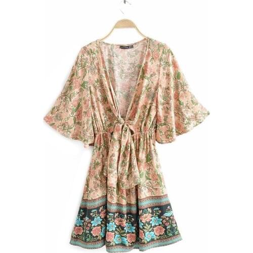 Womens Suumer Retro Boho Dress Floral Midi Long Ruffle Sleeve Loose Pleated Deep V-Neck Hollow Vestidos Loose Dress