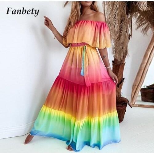 Summer Casual Tie-Up Belt Beach Maxi Dress 2021 Women Colorful Gradient Party Dress Sexy Off Shoulder Strapless Loose Long Dress