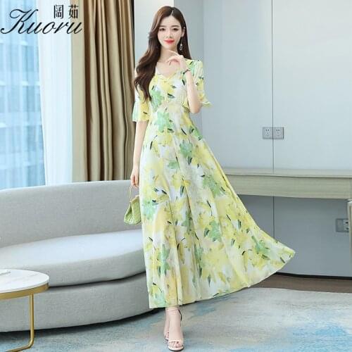 Women Dresses Summer 2021 Chiffon Yellow Dress Pink Plus Size Sukienka W Kwiaty Short Sleeve Beach Maxi Robe V Neck Vestidos