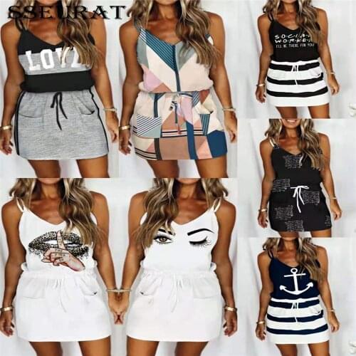 SSEURAT Womens Fashion Casual V-Neck Sleeveless Strap Open Back Sexy Print Loose Dress