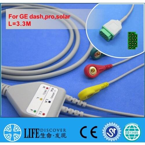 One piece ECG cable with 3 snap lead wires for GE dash,pro,solar patient monitor