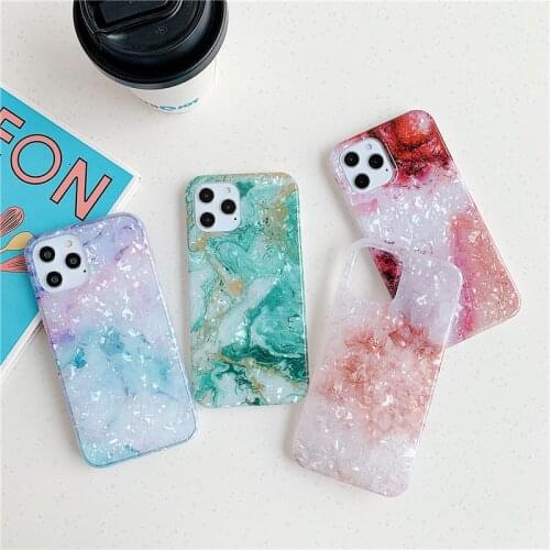 Luxury Glossy Shell Phone Case For iphone 7 8 Plus 12 Mini 11 Pro XS Max X XR SE 2020 Silicone Soft TPU Marble Conch Back Cover