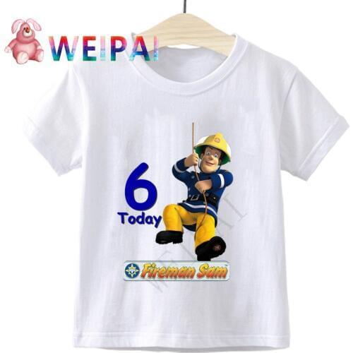Kids Fireman Sam Birthday Number 1~10 Today Cartoon Print Children Clothes T-shirts Boy&Girl Funny Gift Tshirt Baby Present