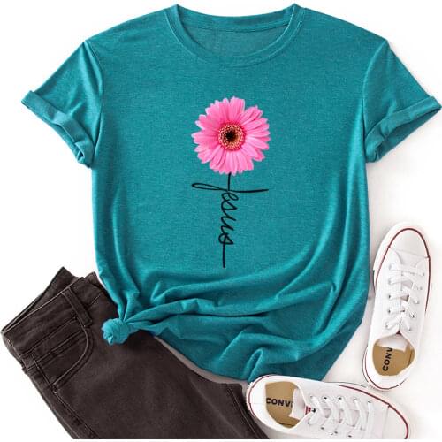 Woman Short Sleeve Colored Graphic Tees Summer T-Shirt Female Tops Shirts for Women Red Daisy Flowers Plant Top