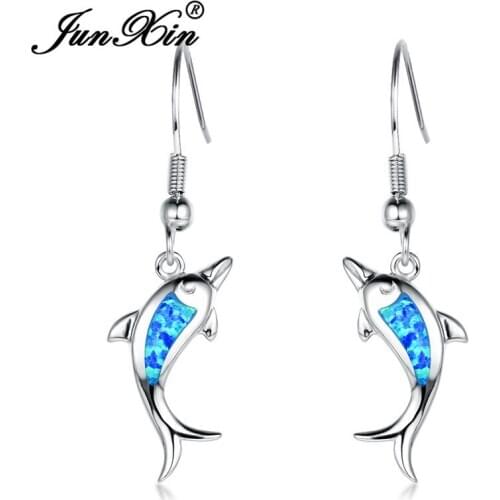 JUNXIN Christmas Silver Color Dolphin Drop Earrings For Women Double Fish Ocean Blue Fire Opal Earrings Female