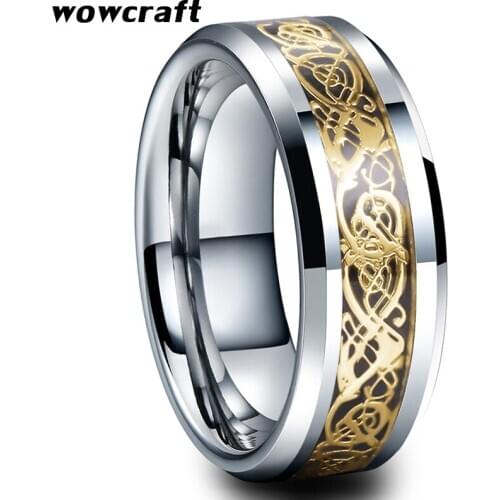 Mens Womens Black Carbon Fiber Inlay Tungsten Carbide ring Beveled Edges Polished Gold Dragon Anniversary Wedding Rings
