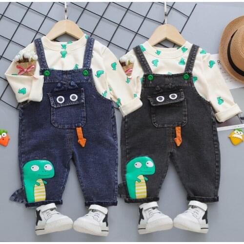 Baby boy clothes autumn denim overalls set cartoon dinosaur sweater boy girl clothes casual sports jeans baby two-piece suit