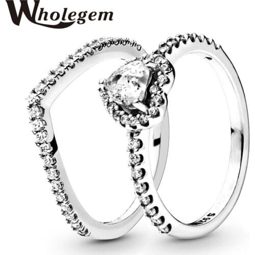 WHOLEGEM Fashion Princess Wishbone Love Heart Stackable Engagement Rings Set Women Sparkling Zircon Wedding Band Couple Jewelry