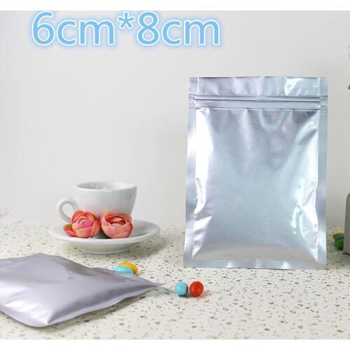 Reatail 100Pcs/Lot 6*8cm 2.36"x3.14" Pure Aluminum Foil Self Seal Zipper Bags Powder Snacks Heat Seal Silver Packing Bags