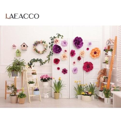 Gray White Ladder Spring Potted Flowers Easter Eggs Wreath Party Interior Photographic Background Photo Backdrop Photo Studio