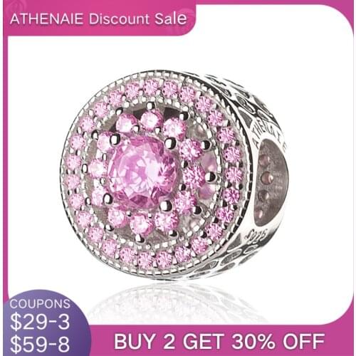 ATHENAIE 925 Sterling Silver with Pave Clear CZ & Pink Heart Radiant Openwork Charm Beads Gift for Birthday, Anniversary,Women