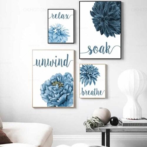 Blue Flower Plant Quote Canvas Painting Relax Soak Breathe Unwind Letter Poster Wall Art Picture Home Decoration Unframed
