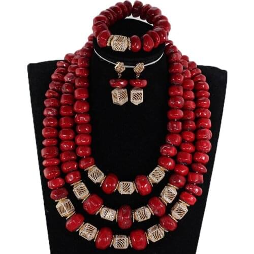 Fabulous Red Coral Beads African Wedding Jewelry Sets Dubai Gold Bridal Statement Necklace Set Coral Beads for Women CNR903