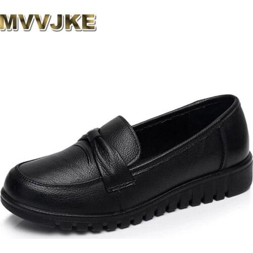 MVVJKE Women shoes Spring soft soled mother black single shoes leather non-slip casual comfortable middle-aged ladies flat shoes