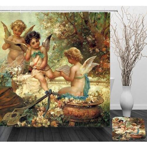 Angels in Heaven Shower Curtain Decor Polyester Fabric Machine Washable Printed Curtain for Bathroom Home Decor