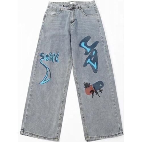 Printed Graffiti Pant Jeans Women Spring Summer New High Waist Washed Loose Button Zipper Street Straight Denim Trousers ZM440