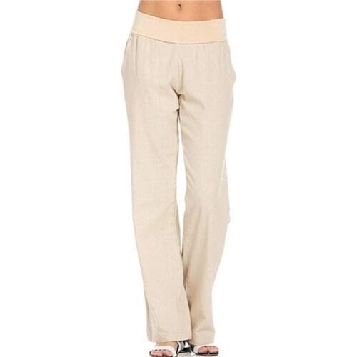 Women Solid Color Stretch Cotton and Linen Loose Casual Pants Tight-Fitting High-Waist Loose Casual Fitness Wide-Leg Trousers