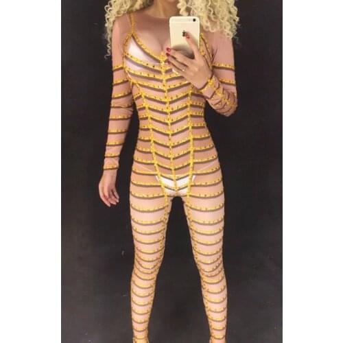 New Female Shining Crystals Chain Skinny Jumpsuit Elastic Leotard Sexy Performance Clothes Bar DJ DS Costumes Party Show Rompers