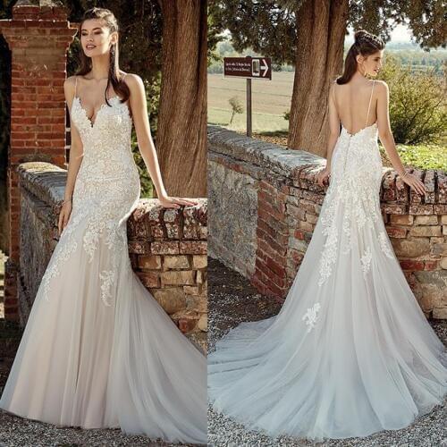 2019 Fashion Wedding Dresses Sexy Spaghetti Straps Backless Lace Garden Bridal Gowns Sweep Train Mermaid Wedding Dress