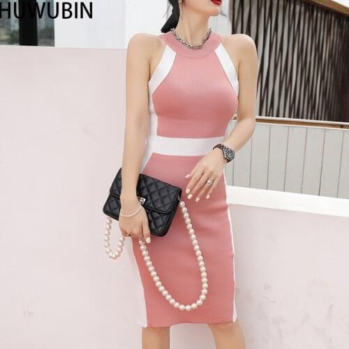 2021 Summer New Korean Womens Unique Round Neck Dress Slim Sexy Open Back Stripe Knitting Avant-Garde Fashion Bag Hip Skirt
