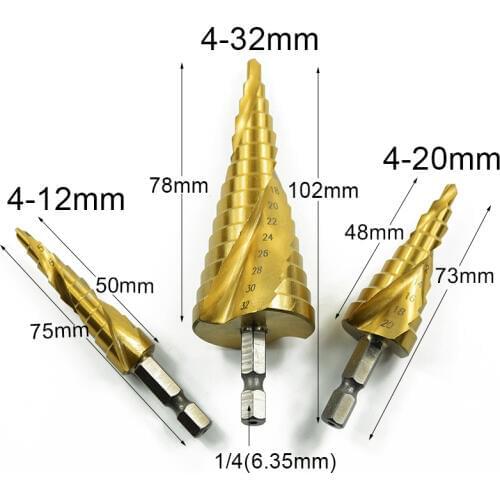 3Pcs 1/4" Shank HSS Spiral Grooved Center Drill Bit Pagoda Shape Hole Cutter 4-12/20/32mm Carbide Titanium Step Cone Drill Bit