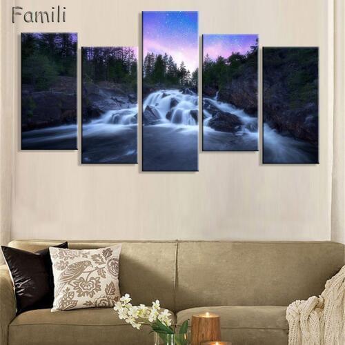 5Panel Canvas Print Painting Abstract Landscape Cloud Snow Mountain Jungle Norwegian Forest Nordic Style Home Bedroom Art Deco I